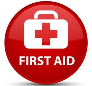 round red button with first aid kit and cross